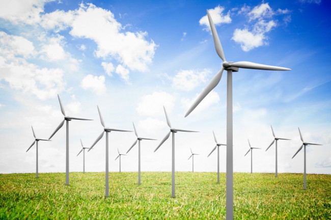 Wind turbines in a sunny field